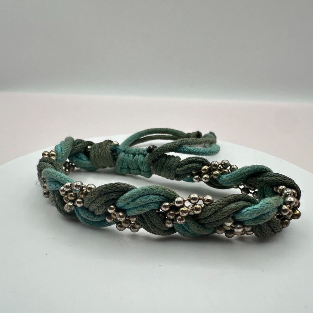 Vintage Y2K Silver Tone Ball Chain Braided Cord Bracelet Boho Women's Jewelry